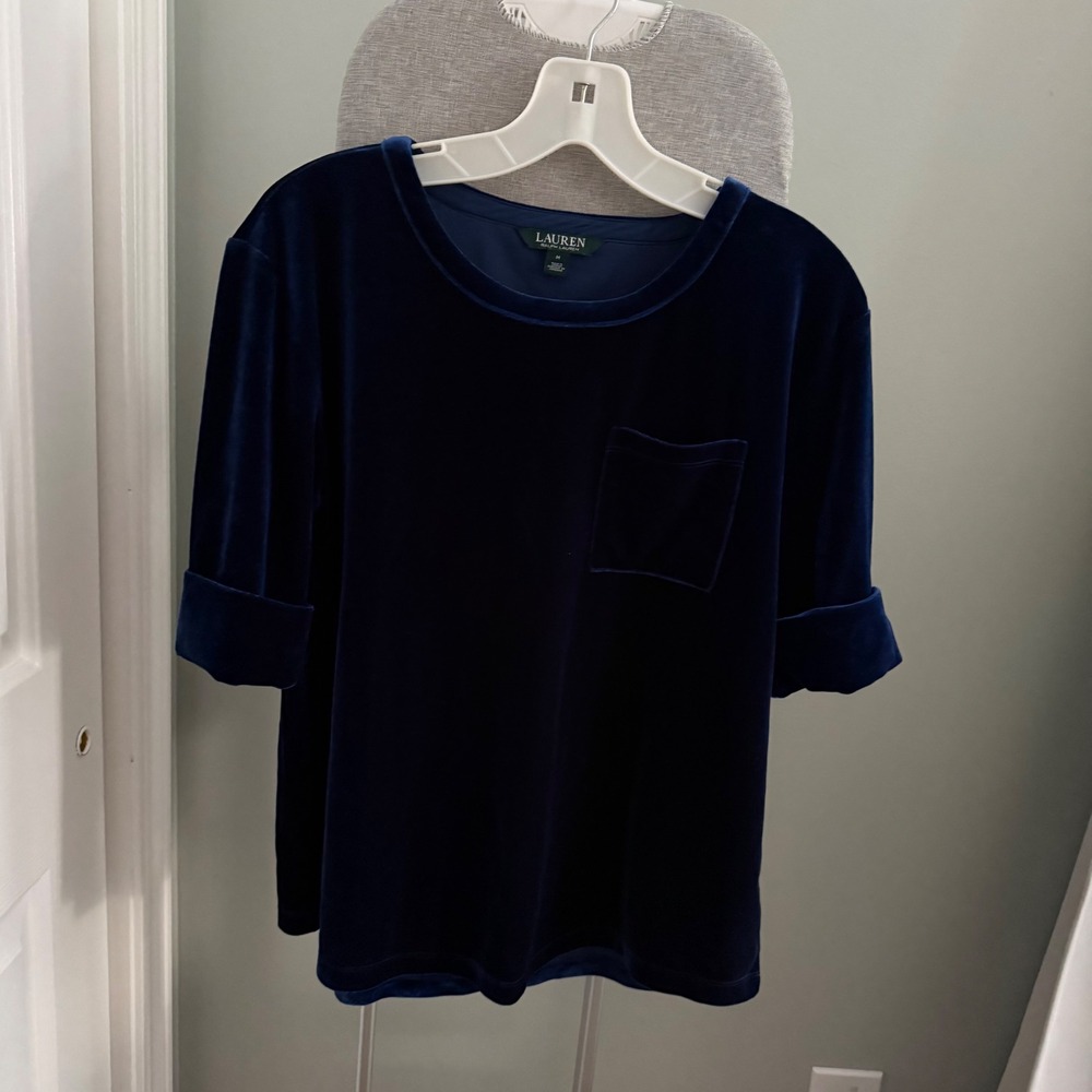 Lauren Ralph Lauren Navy Velvet Top M Relaxed Pocket Quiet Luxury Holiday